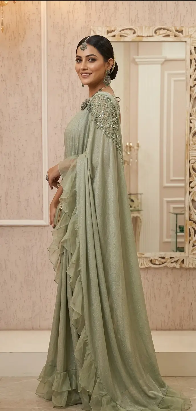 Ruffle Pre-Draped Saree Set - Image 3