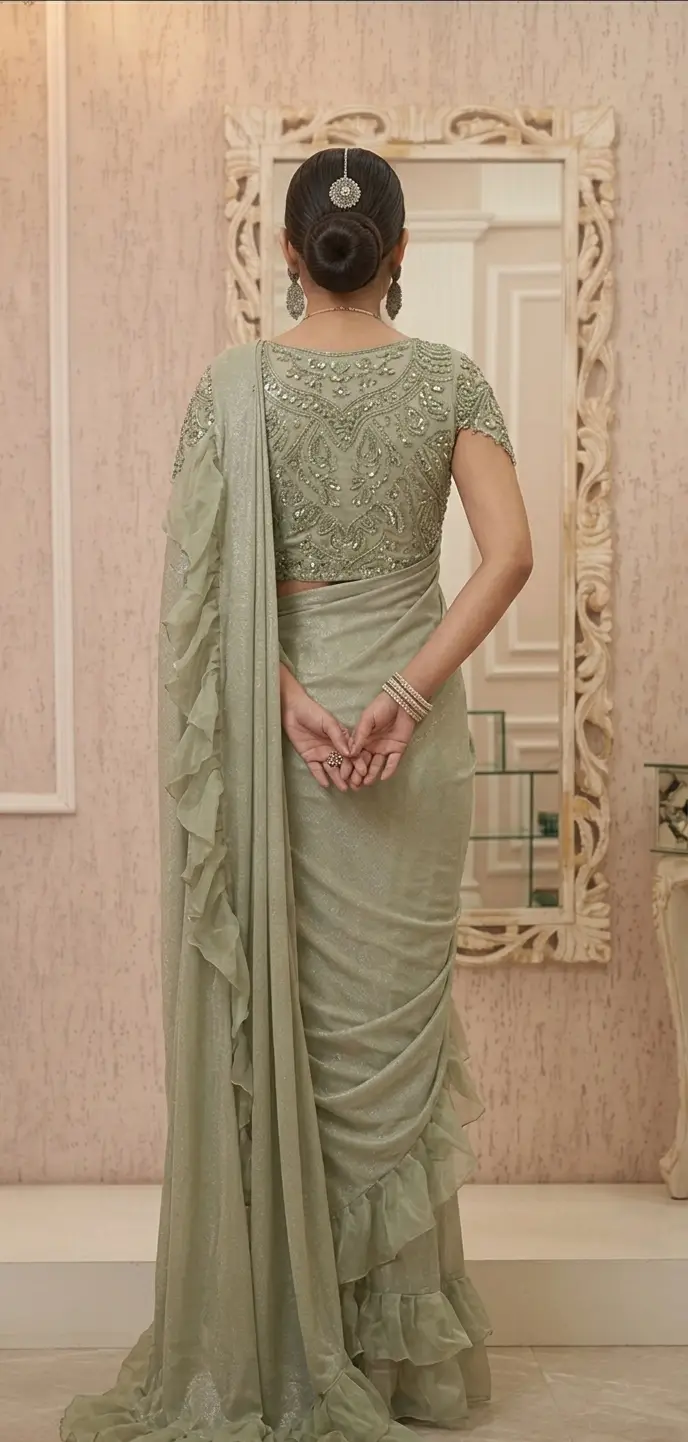 Ruffle Pre-Draped Saree Set - Image 4