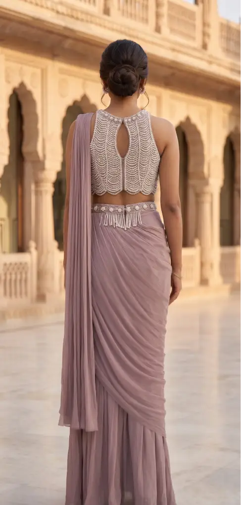 Pearl Embellished Pre-Draped Saree Set - Image 3