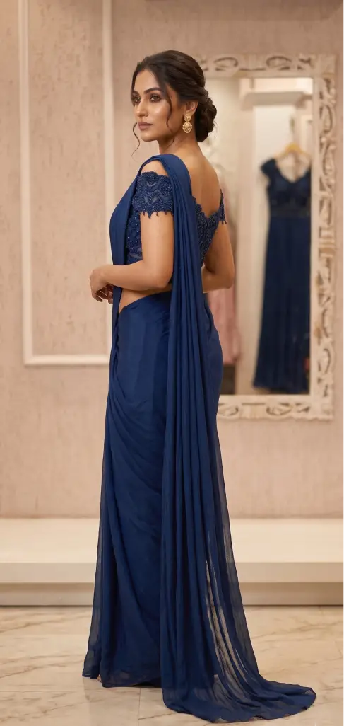 Embroidered Pre-Draped Saree Set - Image 2