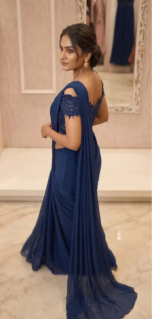 Embroidered Pre-Draped Saree Set - Image 4