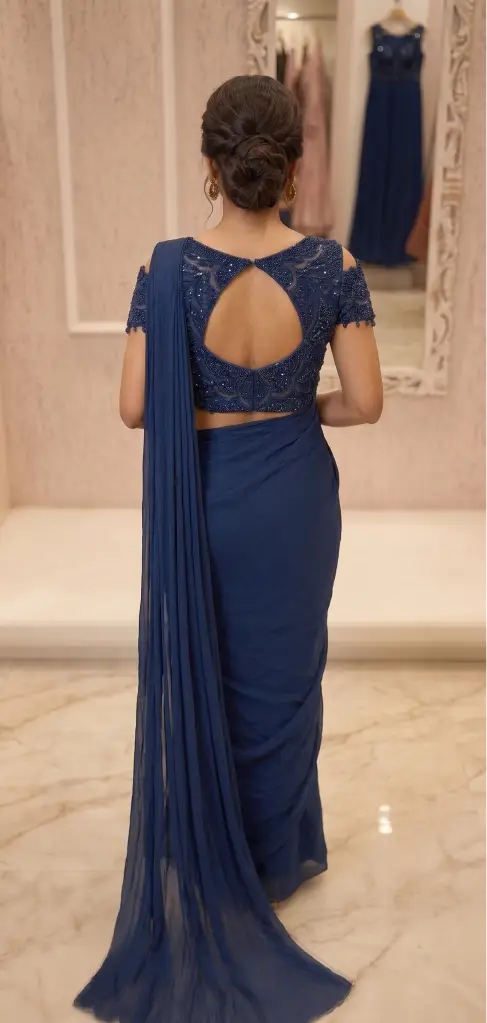 Embroidered Pre-Draped Saree Set - Image 3