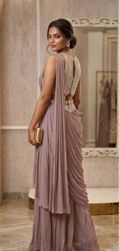 Pearl Embellished Pre-Draped Saree Set - Image 2