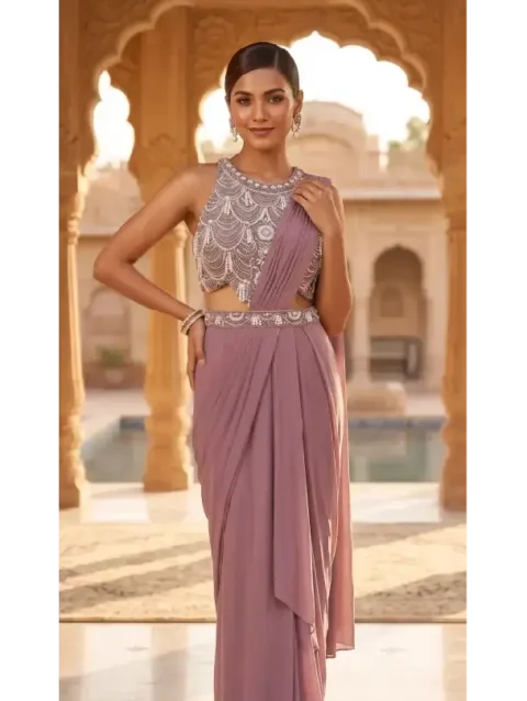 Pearl Embellished Pre-Draped Saree Set