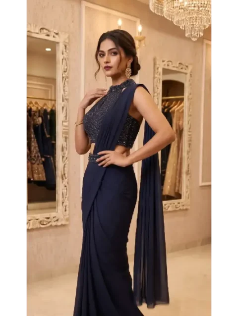 Halter Neck Pre-Draped Saree Set